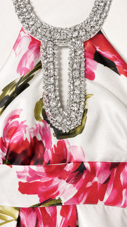 Close-up detail of crystal rhinestone embellished halter neckline