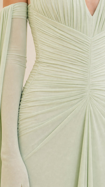 Close-up detail of bodice ruching and fabric texture