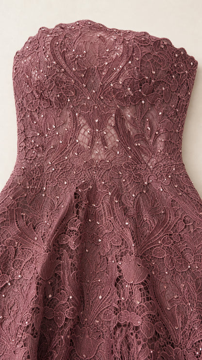 Close-up of beaded lace bodice detail on mauve dress