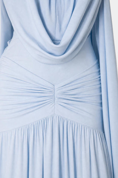 Close-up detail of ruched bodice and draped neckline