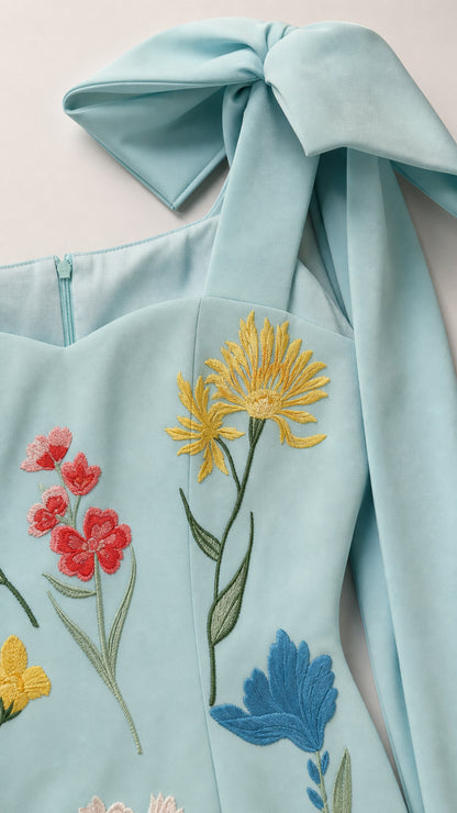 Close-up of floral embroidery and shoulder bow on light blue dress