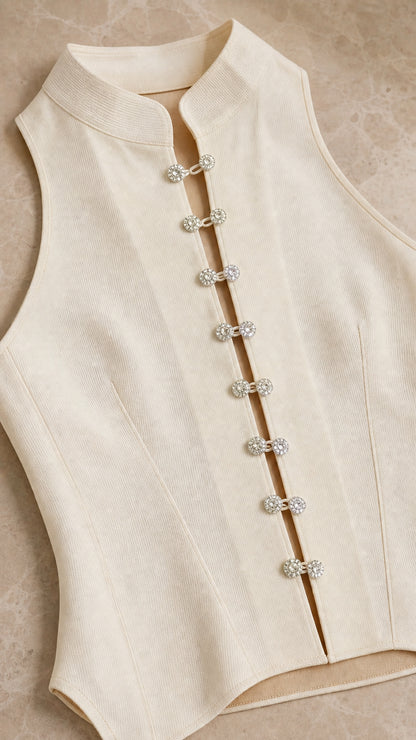 Close-up detail of crystal buttons on ivory halter top collar