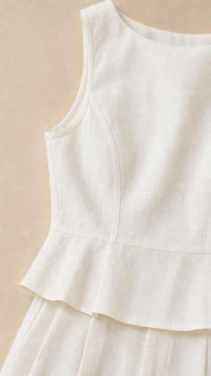 Close-up detail of white sleeveless peplum top texture and seams
