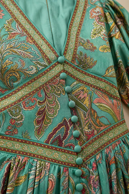Close-up of V-neckline, buttons and fabric detail
