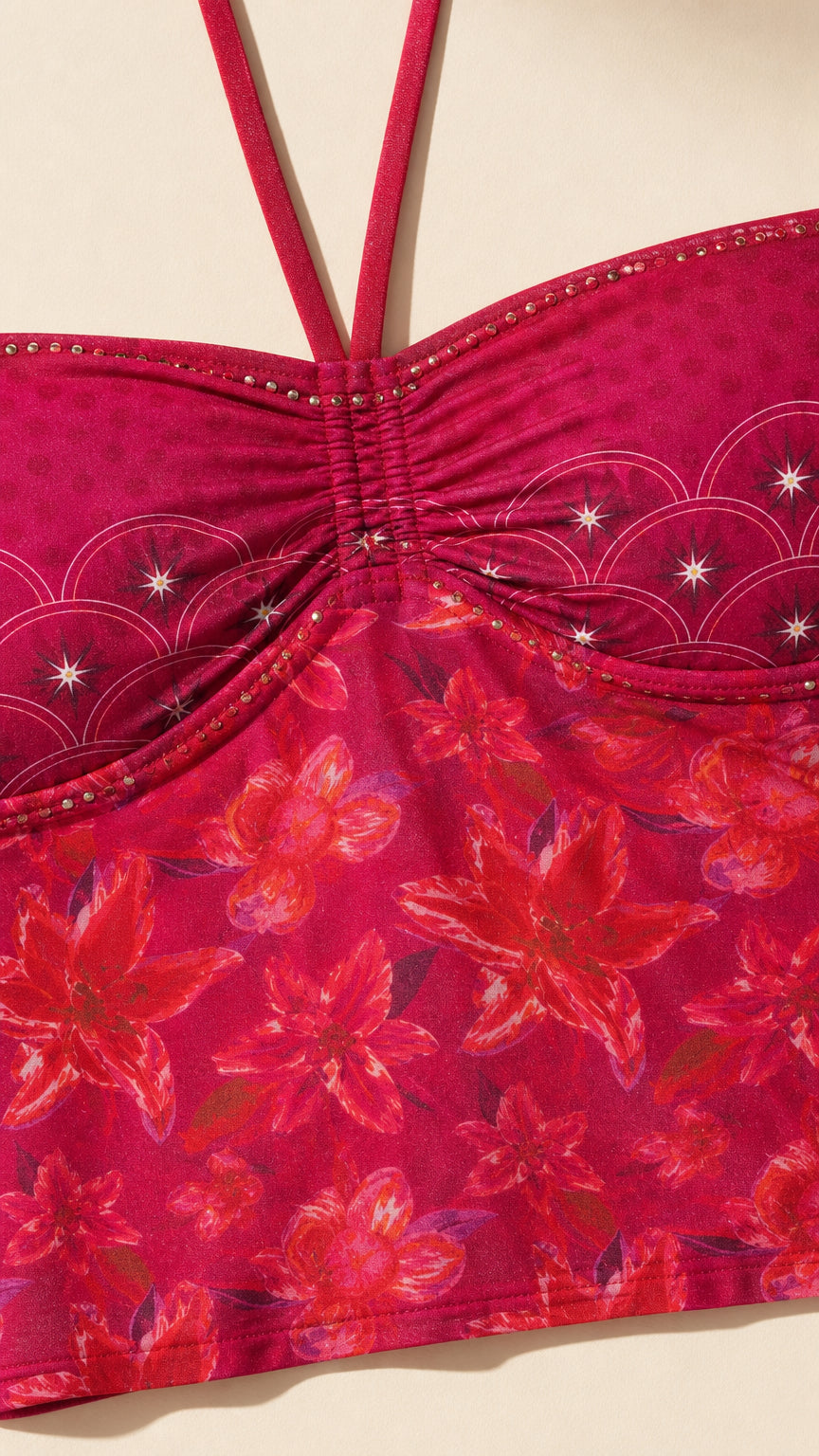 Close-up detail of Fuchsia halter crop top with ruching