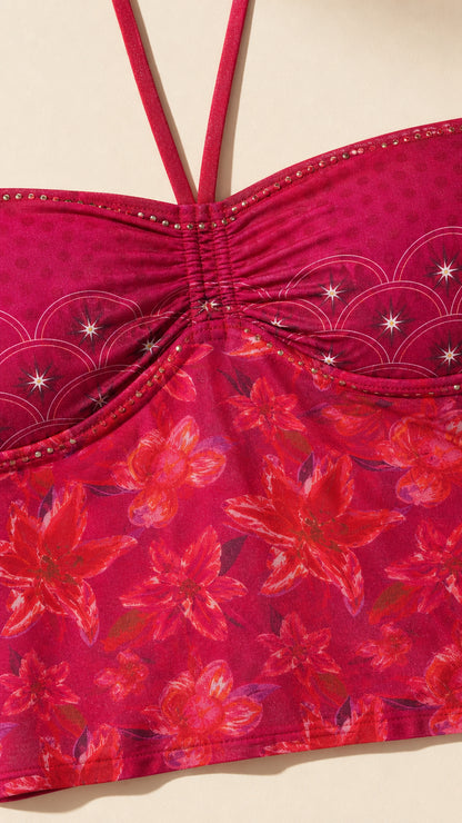 Close-up detail of Fuchsia halter crop top with ruching