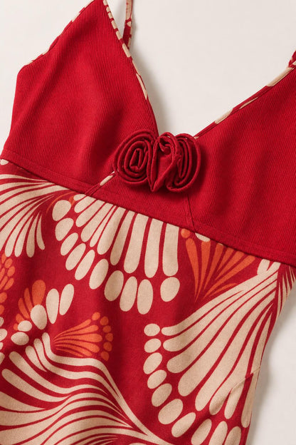 Close-up detail of bodice and floral pattern on Red dress