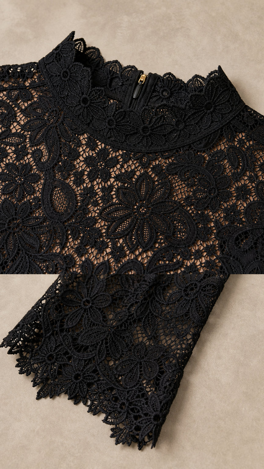 Close-up detail of black mock neck lace top and sleeves