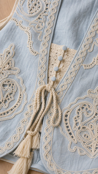 Close-up detail of vest embroidery, buttons, and tassel ties