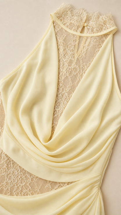 Close-up detail of cowl neck and lace insert