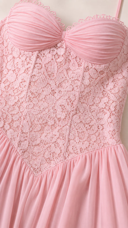 Close-up of pink lace corset bodice and sweetheart neckline