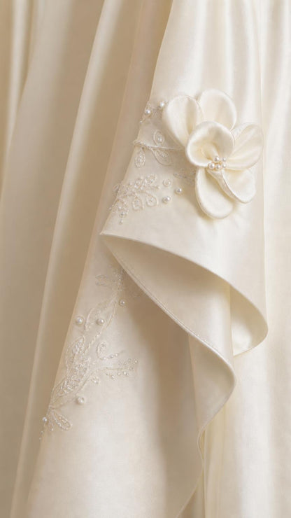 Close-up of floral applique and beading detail on dress skirt