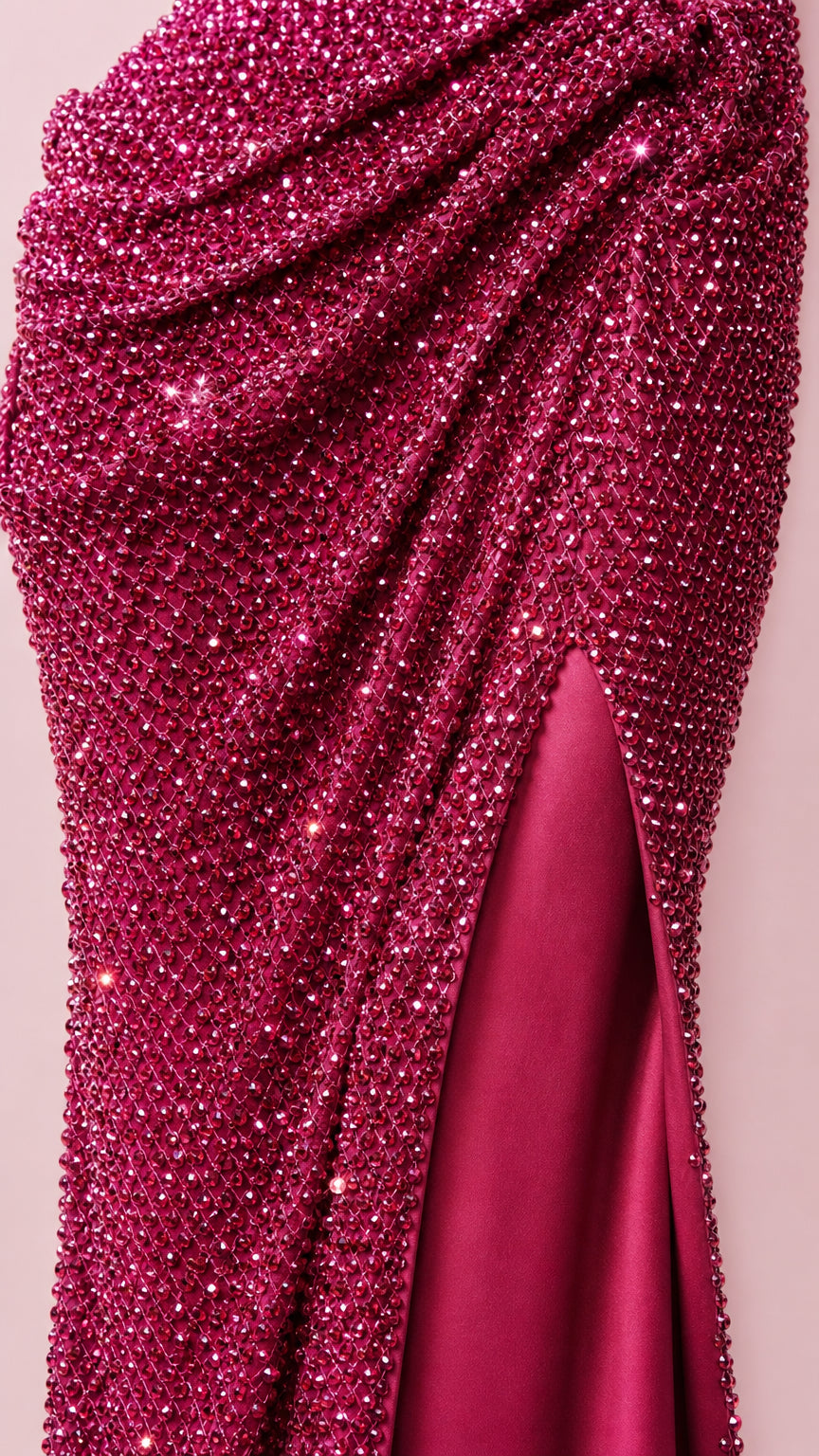 Close-up of glitter fabric texture and high slit detail