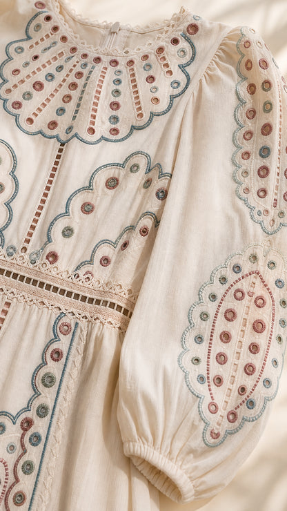 Close-up detail of neckline and sleeve embroidery