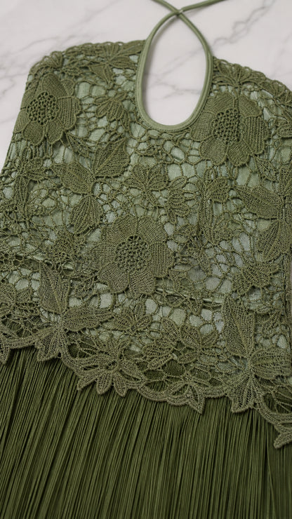 Close-up of lace bodice and halter neckline detail in Olive