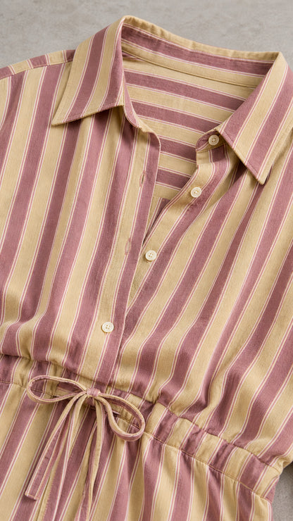 Close-up detail of lapel collar and drawstring waist on khaki striped set