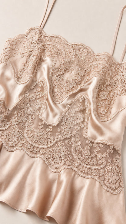 Close up of lace trim and satin texture on the camisole top