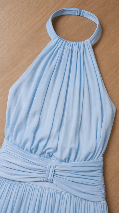 Close up of halter neckline and pleated bodice detail in light blue