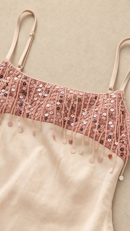 Close-up of the sequin and beaded bodice detail