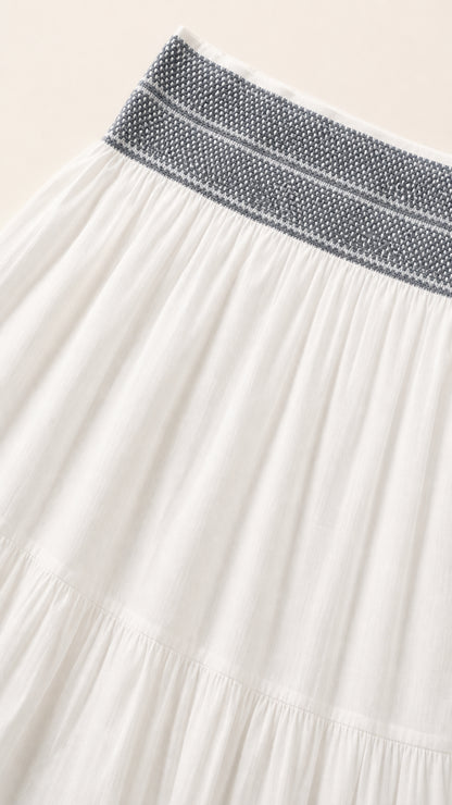 Close-up of the textured smocked waistband on white fabric