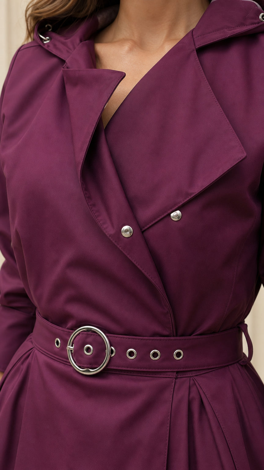 Close-up of lapel collar, snap buttons, and belt buckle on plum trench dress