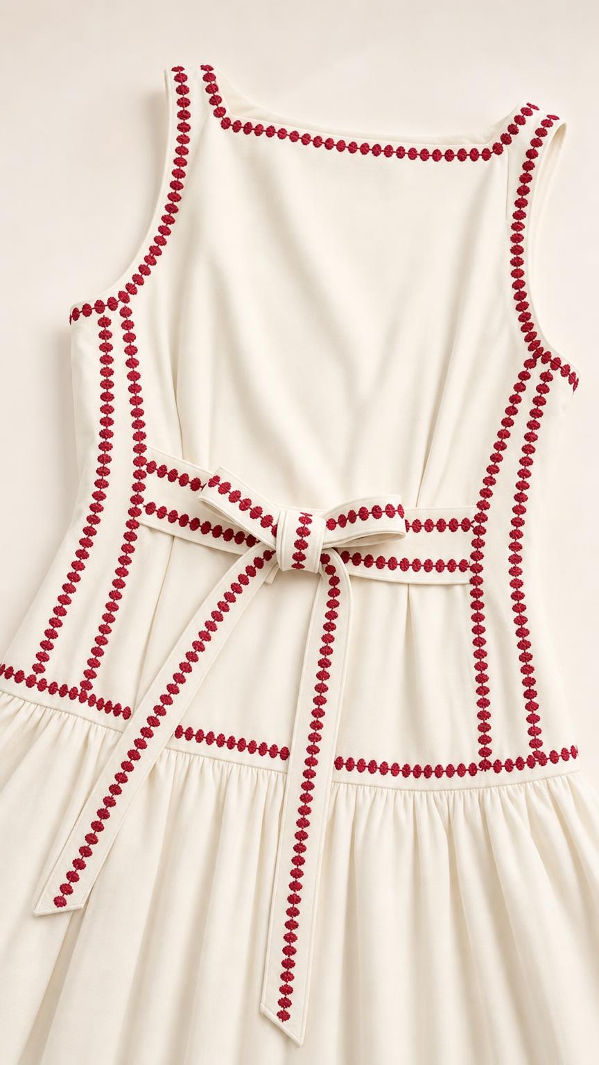 Close-up detail of embroidery and back bow