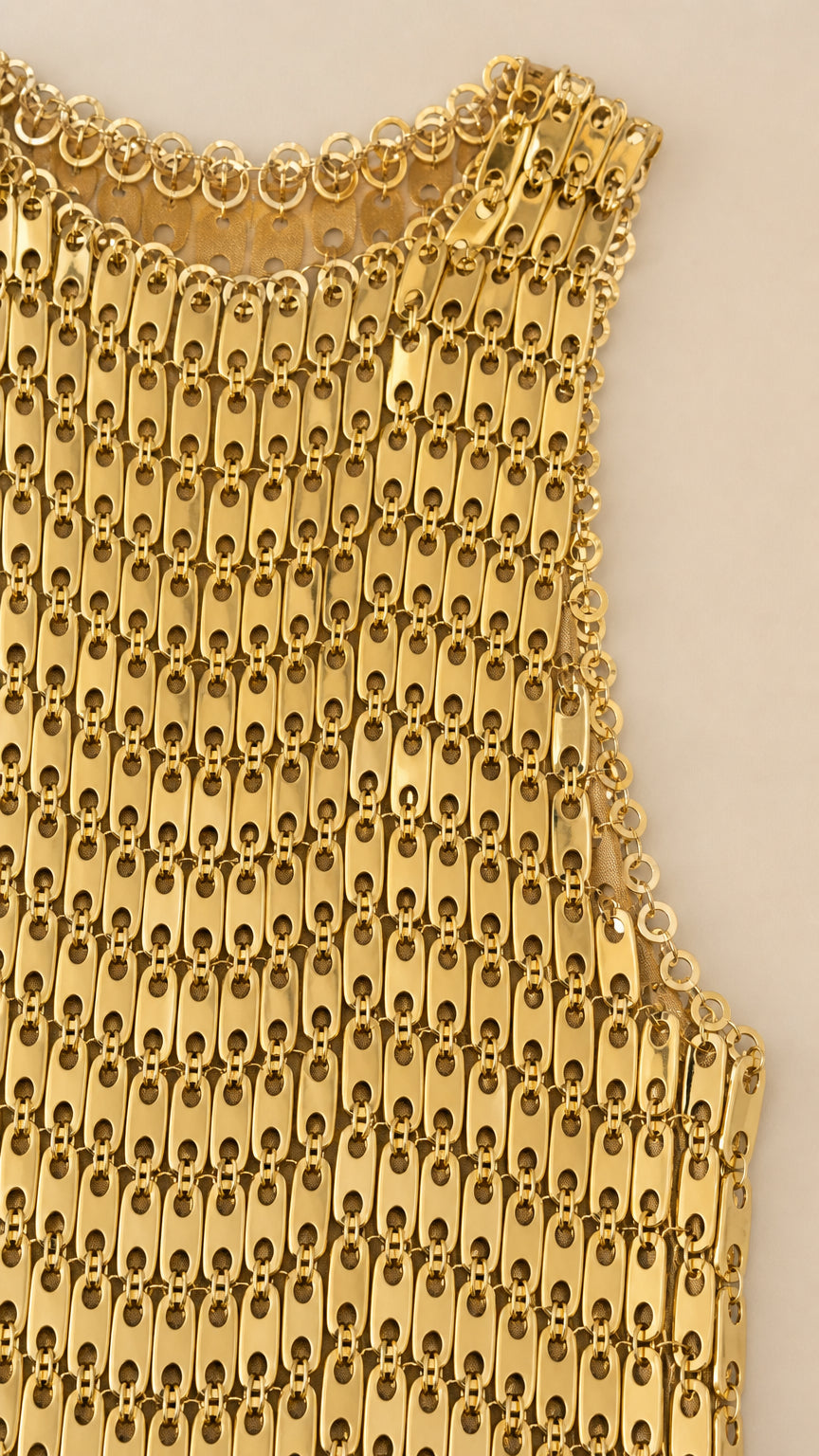 Close-up detail of gold metallic chain-link fabric texture