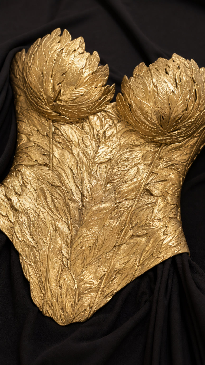 Close-up detail of gold metallic leaf textured corset bodice