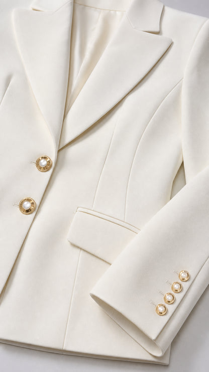 Close-up detail of white blazer lapel, front button closure, and pocket trim