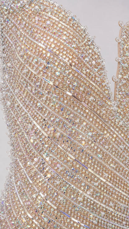 Macro close-up detail of intricate beadwork and sequin embellishments