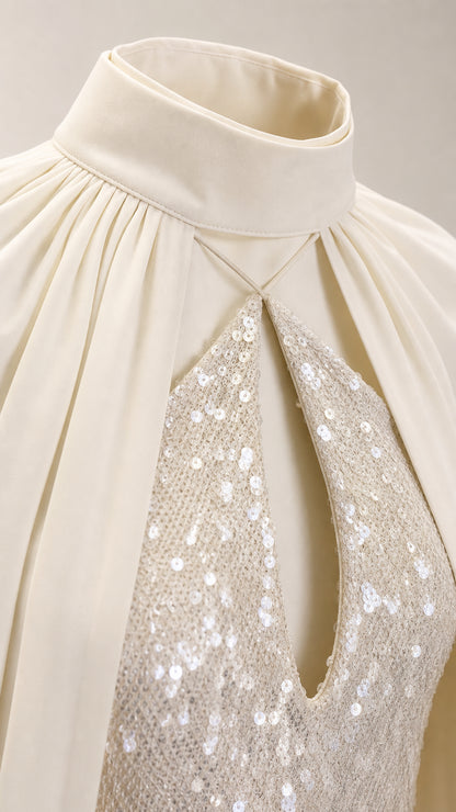 Close-up of mock neck, keyhole cutout, and sequin texture