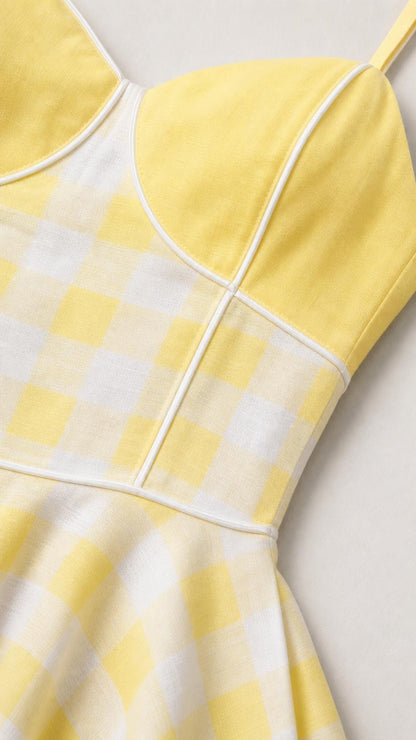 Close-up of structured bodice with white piping on yellow gingham dress