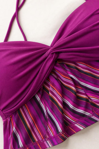 Close-up detail of magenta twist-front crop top and stripes