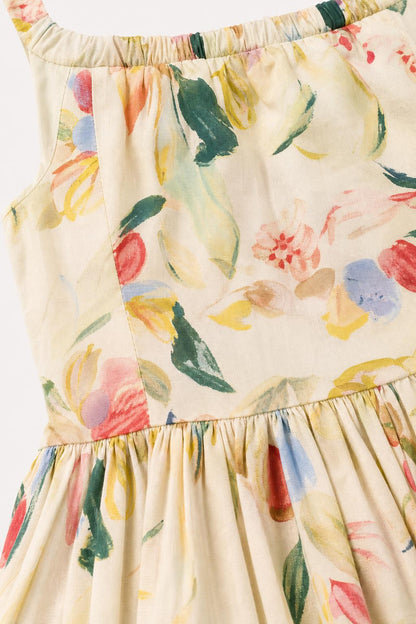 Close-up detail of cream floral print fabric and neckline