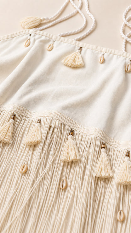 Close-up detail of tassel fringe and seashell embellishments