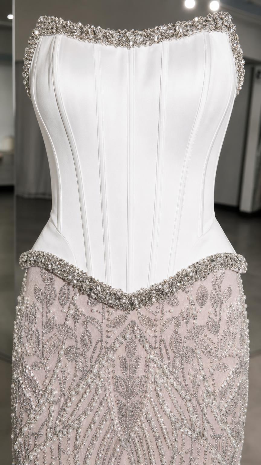 Close up detail of crystal trim and structured corset bodice