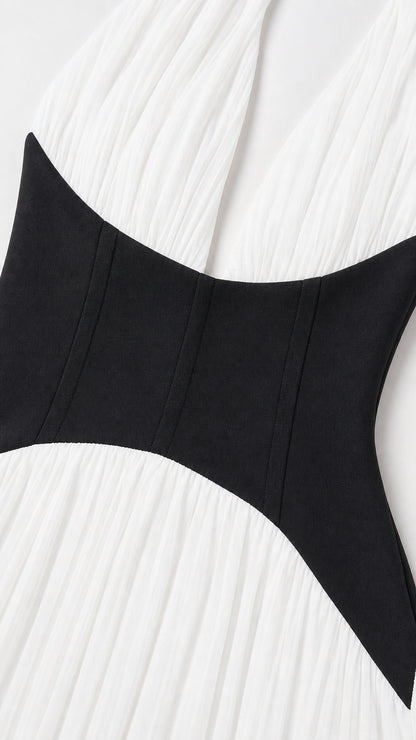 Close-up detail of contrast corset waist on dress