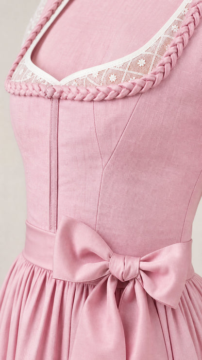 Close-up of bodice, lace trim, and bow on pink dirndl