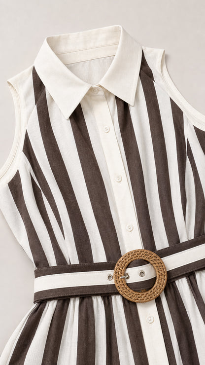 Closeup of dress collar, buttons, and woven belt detail