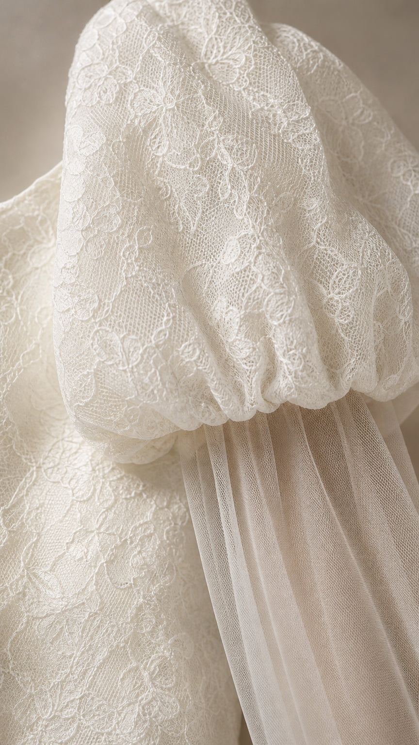 Close-up detail of lace puff sleeve and sheer cape