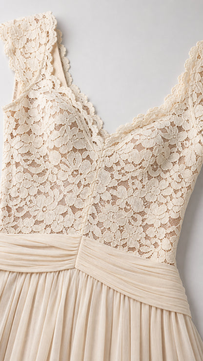 Close-up detail of lace V-neck bodice and pleated waistband