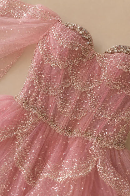 Close-up detail of the sequined and beaded bodice