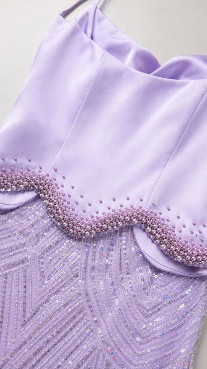 Close-up detail of beaded peplum and satin bodice in Lavender