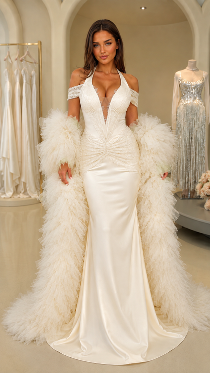 Model in ivory satin evening gown with feathered accessories