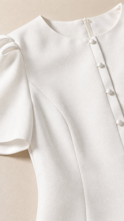 Close-up detail of white top showcasing buttons and sleeve