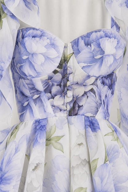 Close-up detail of the sweetheart neckline and floral print pattern