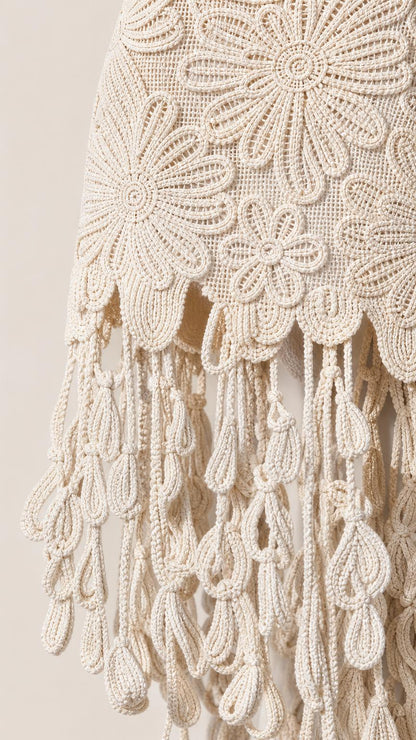 Close-up detail of floral crochet lace pattern and fringe hem