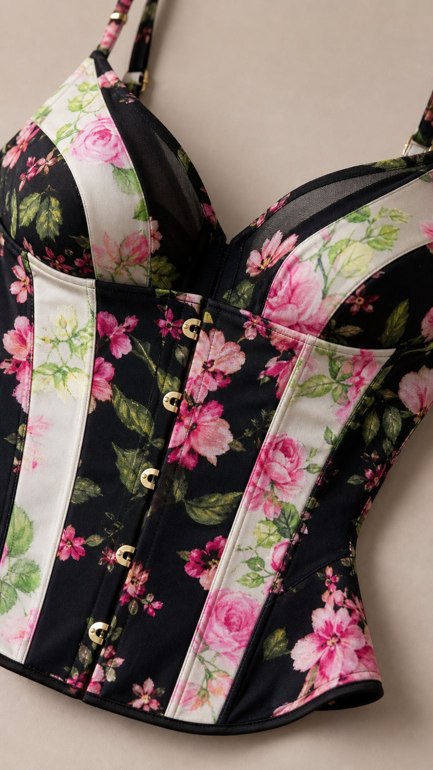 Close-up detail of Black floral corset bodice with buttons