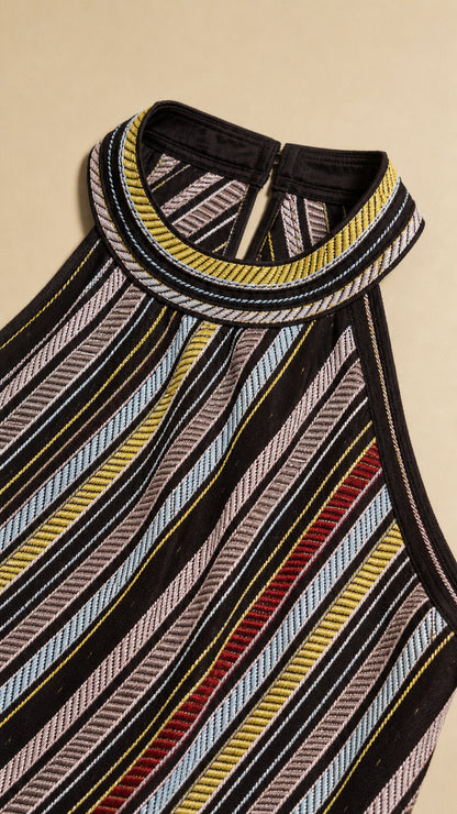 Close-up detail of halter collar and striped knit texture