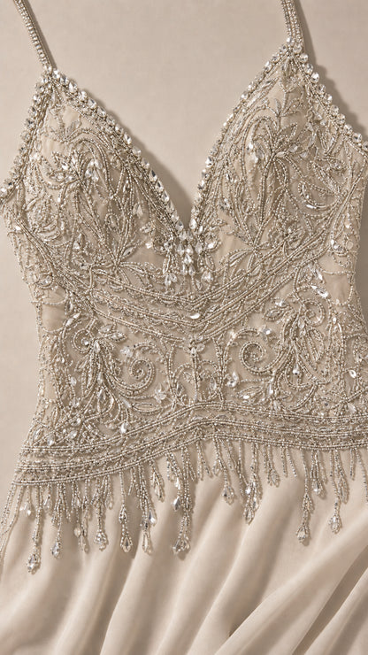 Close-up detail of the heavily beaded and sequined bodice